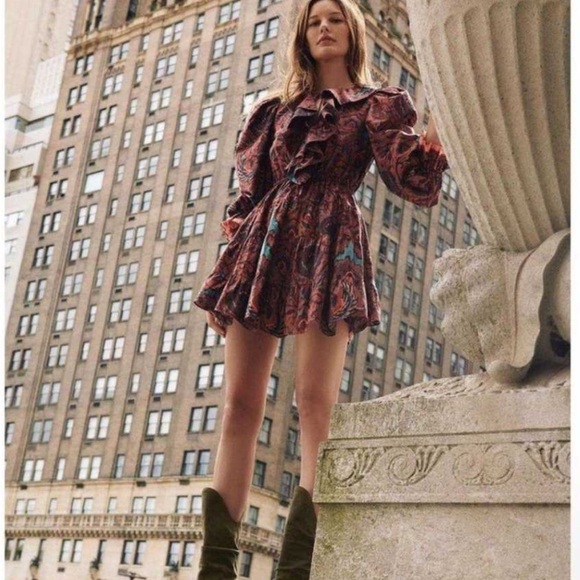 ULLA JOHNSON Caris Long Sleeve Ruffle Dress In Red Oversized Fit - Picture 15 of 15